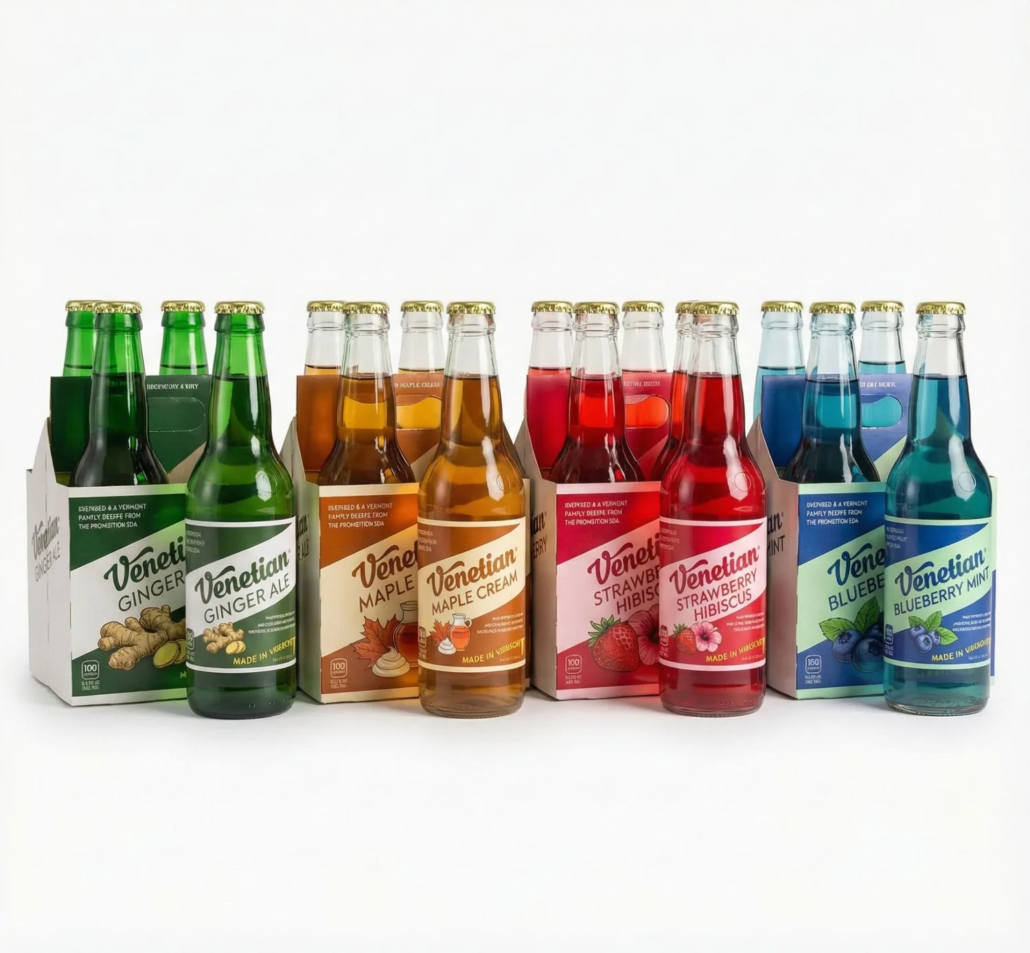 Venetian soda bottles and four-pack carriers photographed together as a range.
