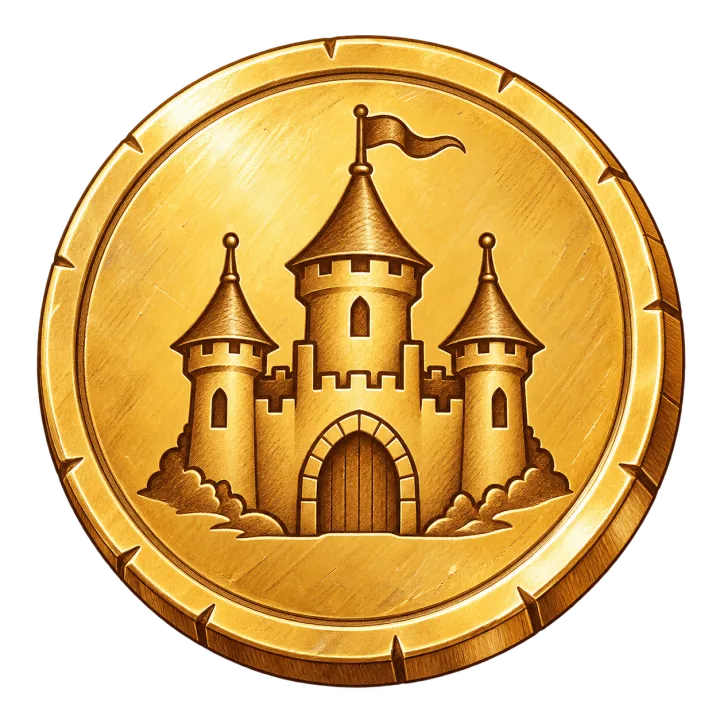 A hand-drawn gold coin stamped with a castle.