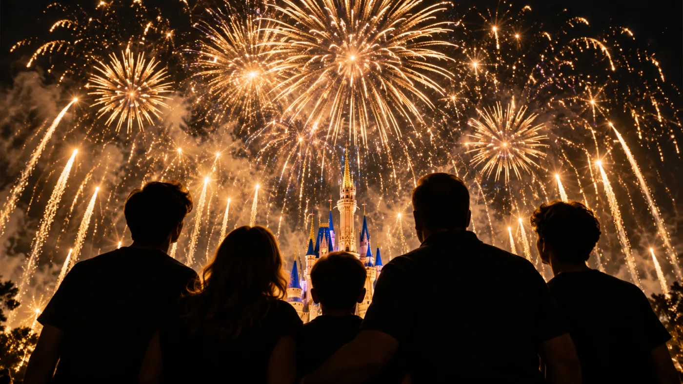 Five silhouetted figures watching fireworks burst above a castle.