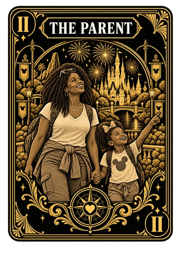 An engraved gold illustration of a parent holding a child up before a castle.