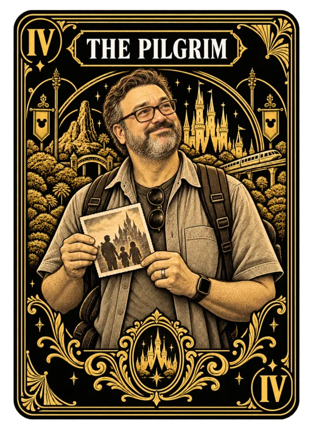 An engraved gold illustration of a figure holding a vintage family photograph.