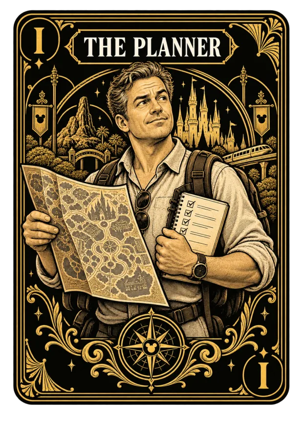 An engraved gold illustration of a man studying a folded park map.
