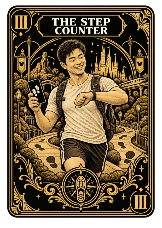 An engraved gold illustration of a figure checking a step count on a phone.