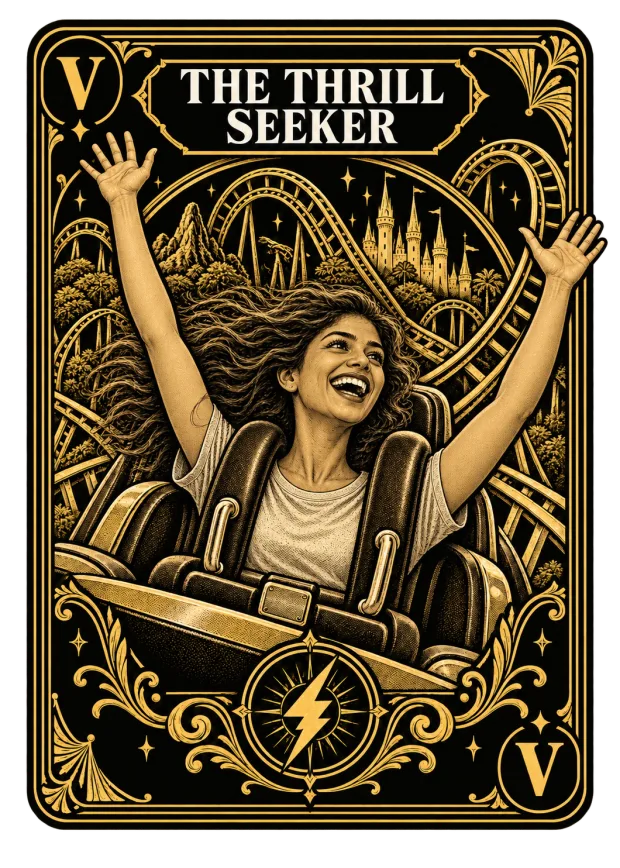 An engraved gold illustration of a figure with hands raised on a coaster drop.