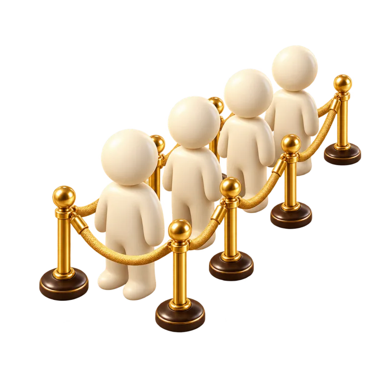 An illustrated gold stanchion queue with four small figures waiting in line.