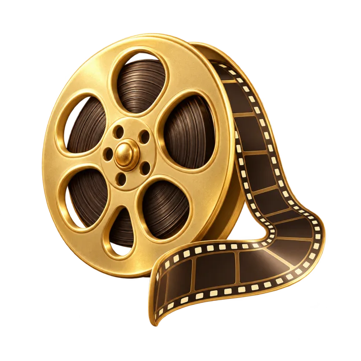 An illustrated gold cinema reel with a film strip unspooling from it.