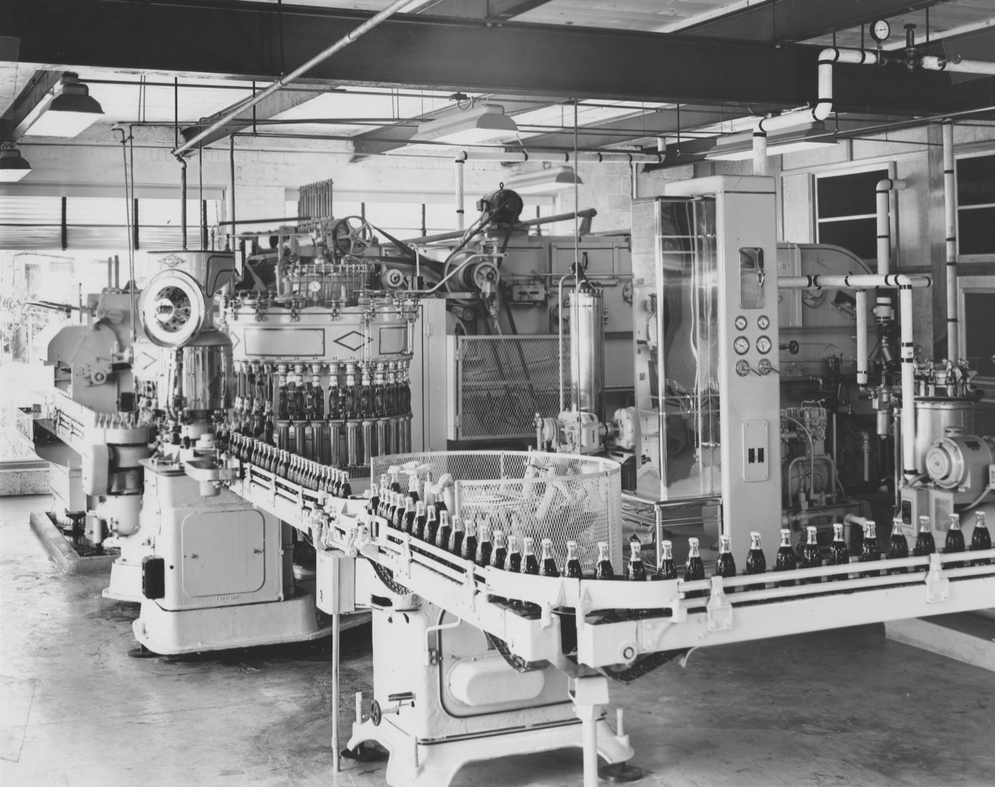 Workers operating a bottling line, filled bottles moving along a conveyor
