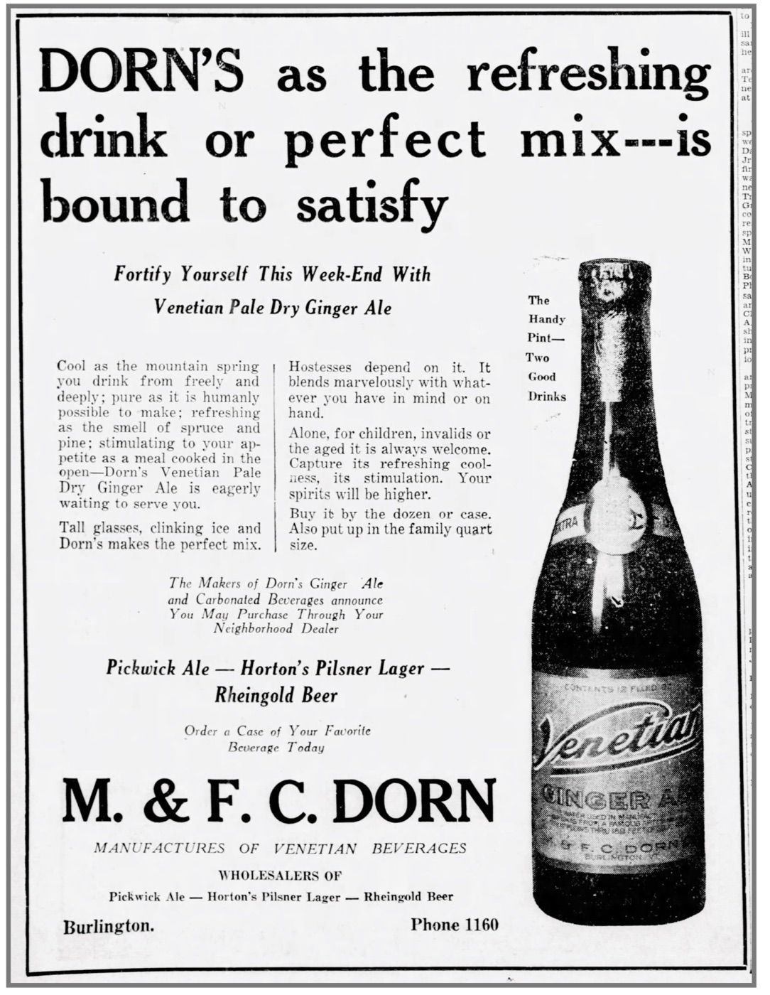 Newspaper advertisement for Dorn's Venetian Pale Dry Ginger Ale, M. & F.C. Dorn, Burlington
