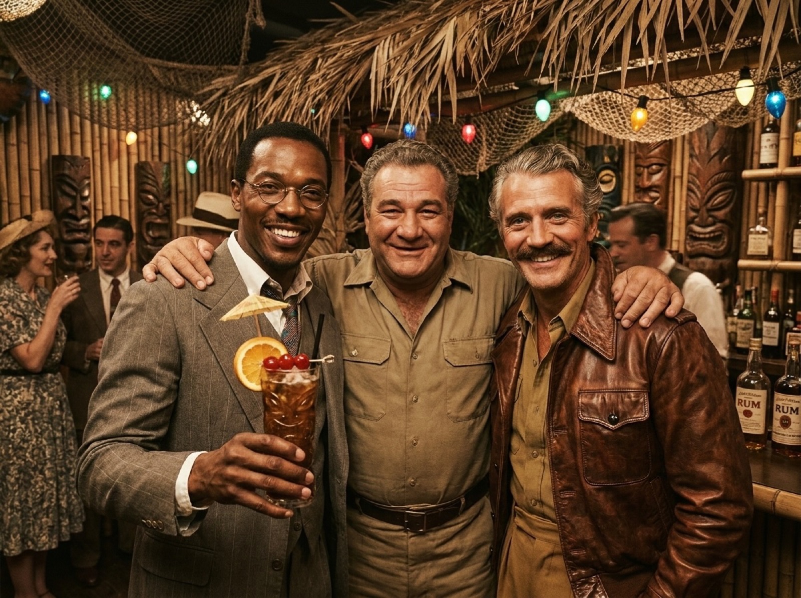 The Hightower crew at a tiki bar, drinks in hand