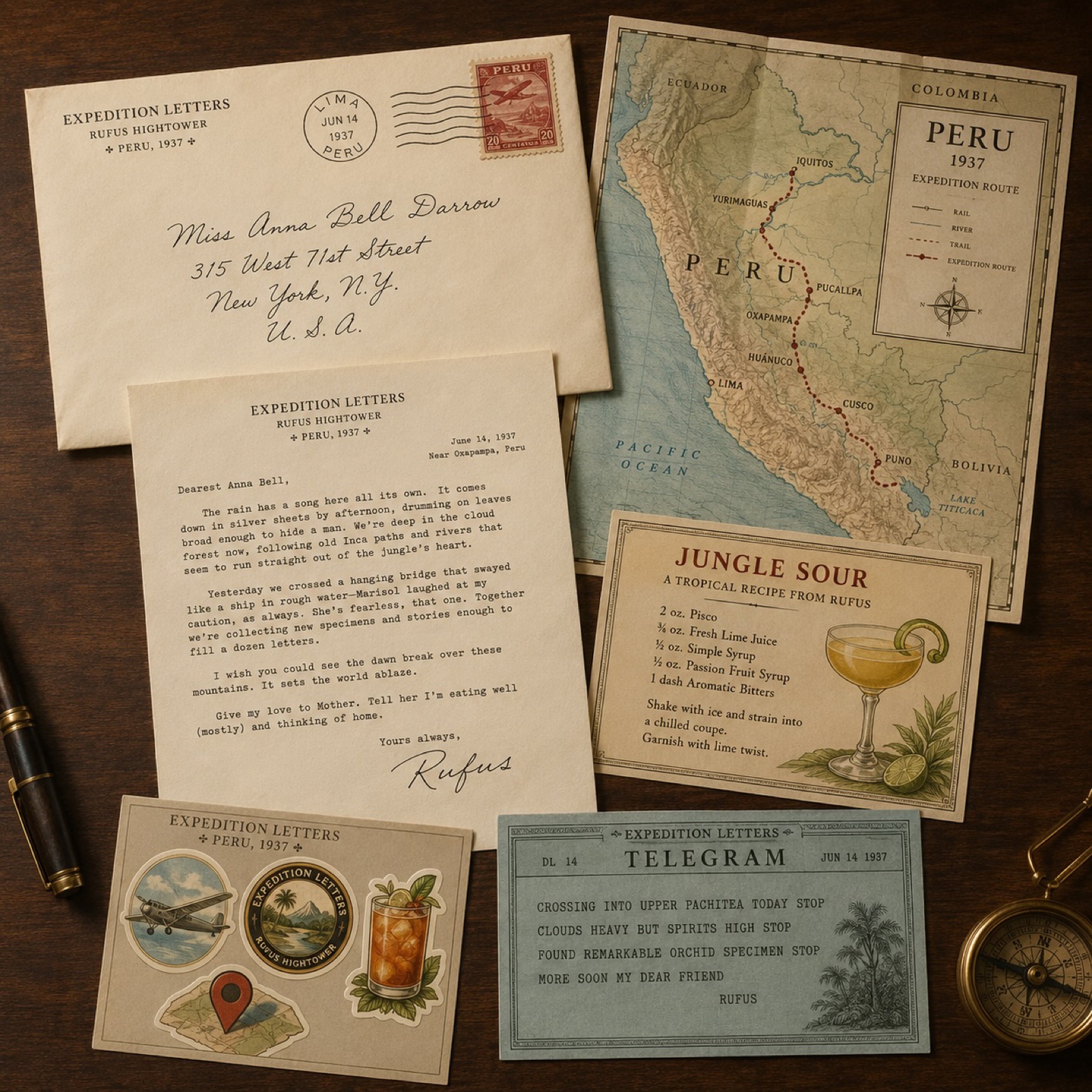 A month's Expedition Letters mailing laid out on a desk: an airmail envelope addressed to Miss Anna Bell Darrow postmarked Lima, Peru, June 1937, a typed letter signed by Rufus, an illustrated Peru expedition route map, a Jungle Sour drink recipe card, a sticker sheet, and a telegram