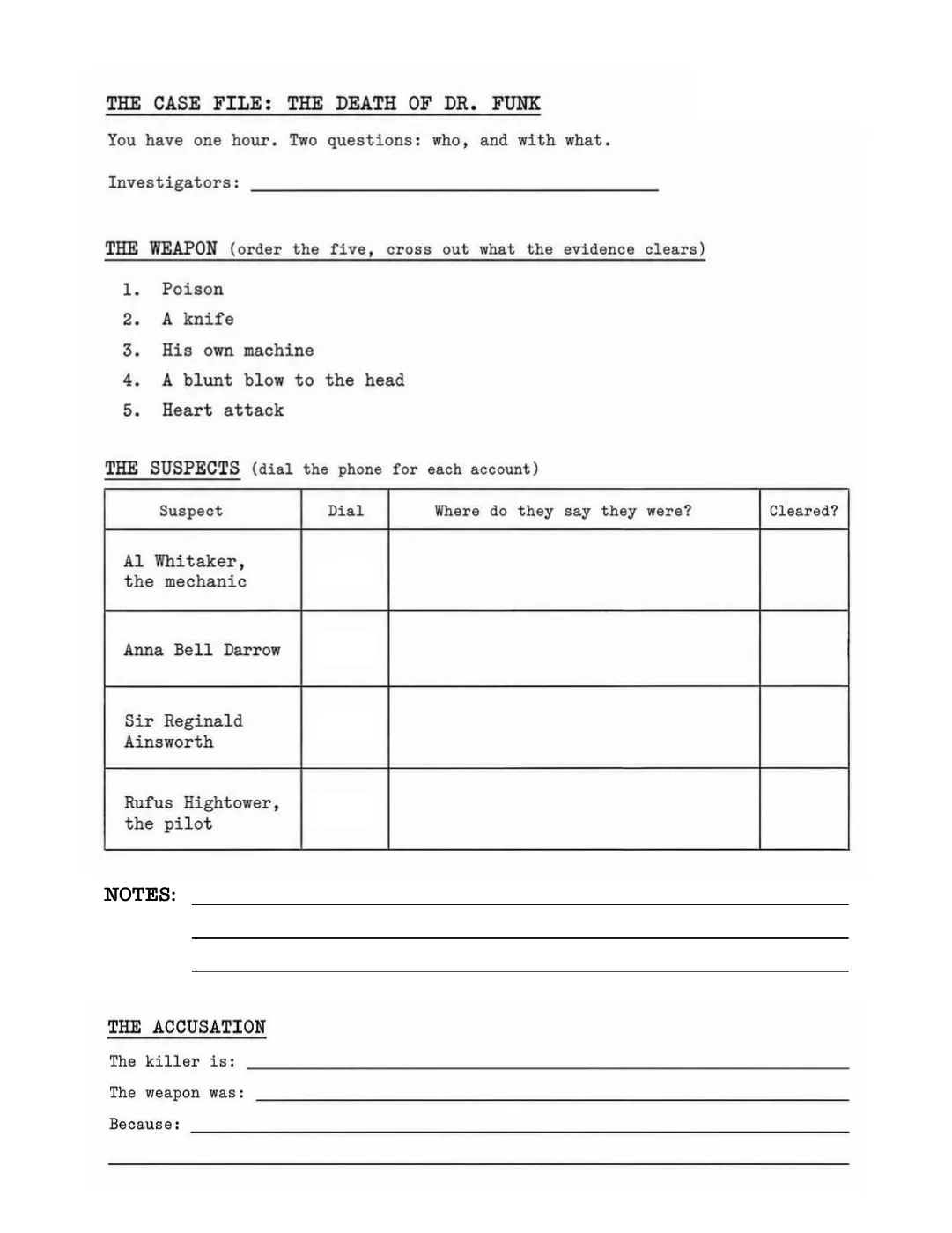 The printed guest worksheet headed The Case File: The Death of Dr. Funk, listing five candidate weapons and a suspect table with columns for dialling the phone and marking each account cleared.