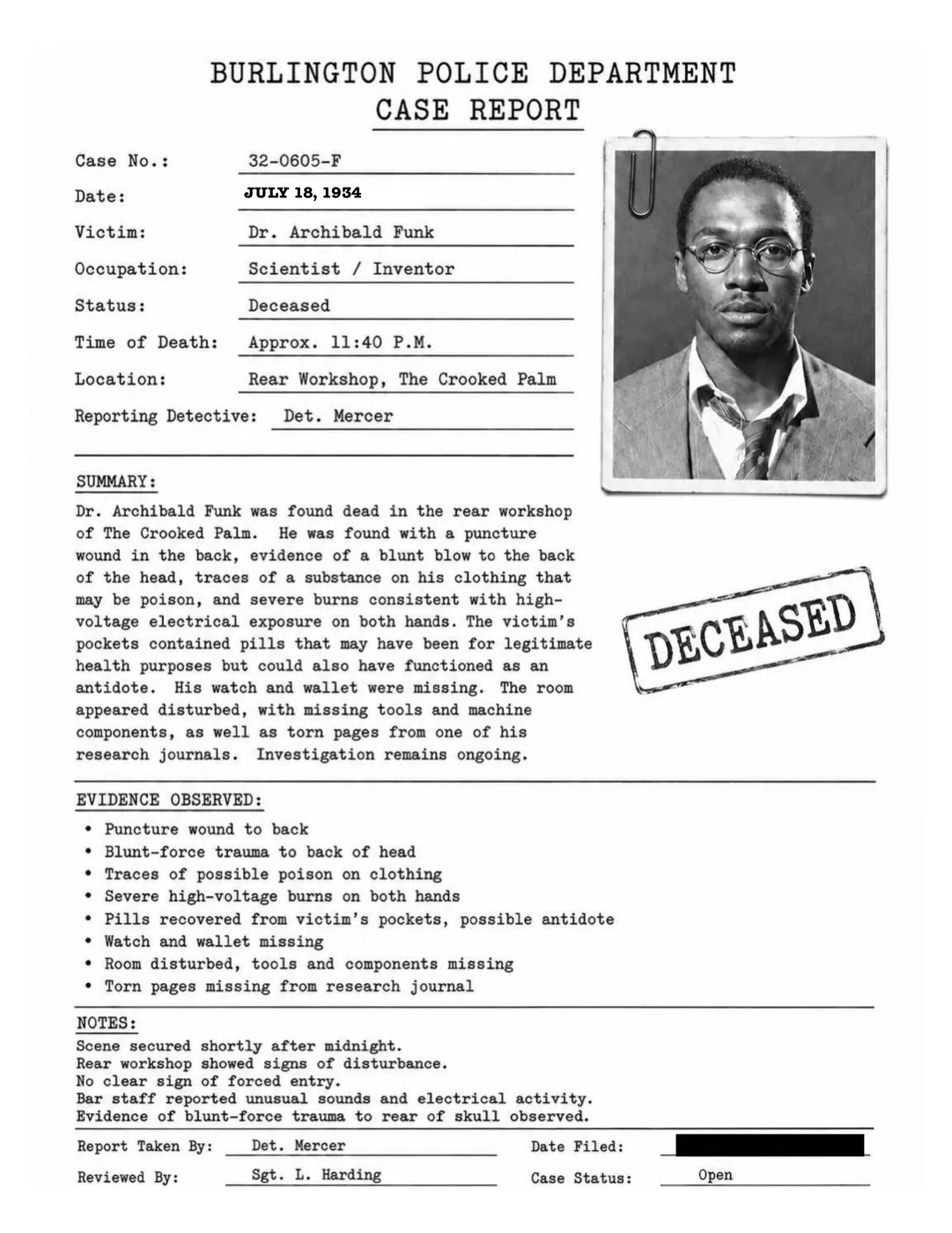 A police case report for Dr. Archibald Funk, marked deceased, dated July 18 1934.