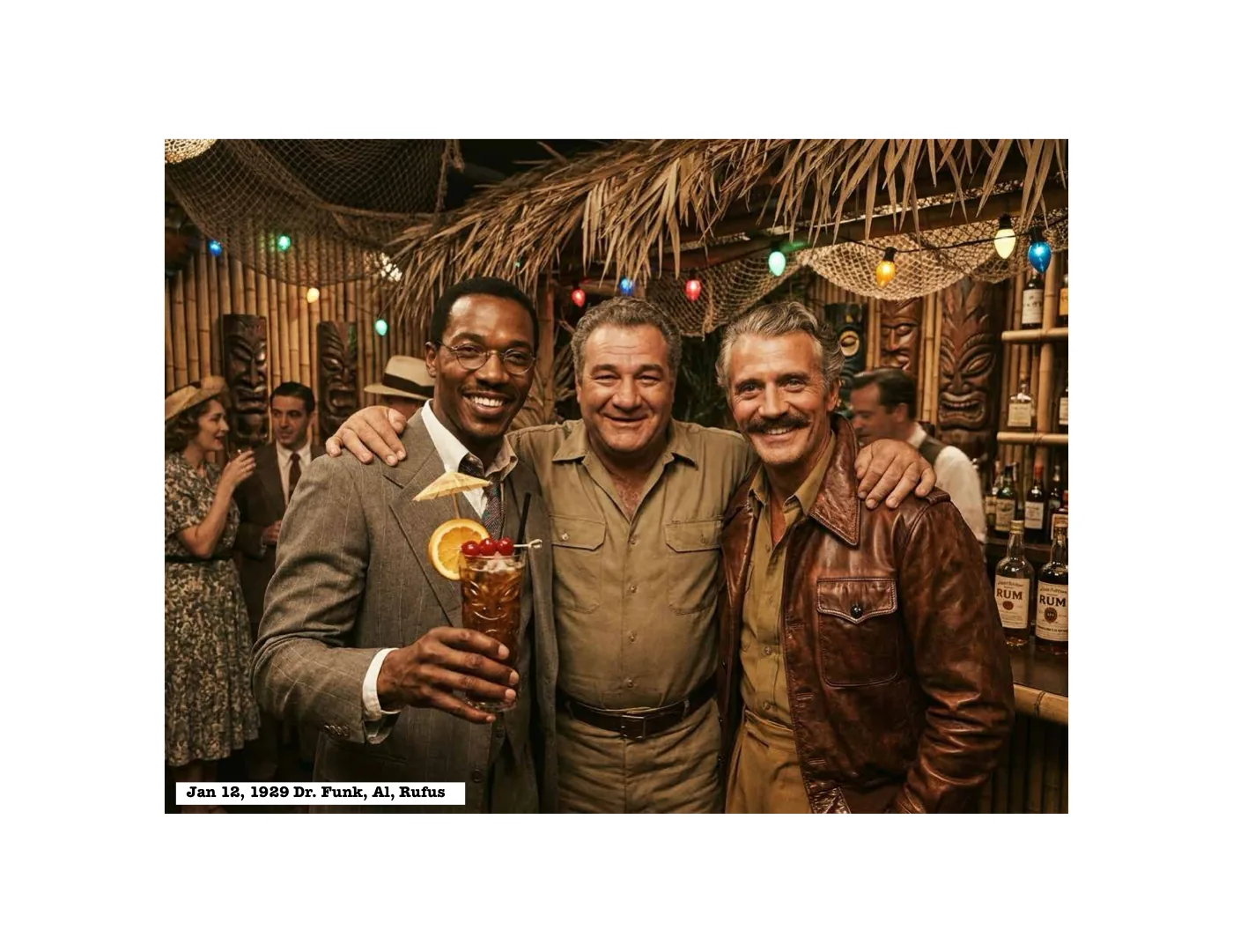 An archival-styled photograph of Dr. Funk, Al Whitaker and Rufus Hightower together at a bar in 1929.