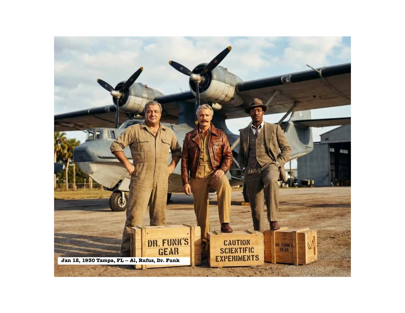 The expedition crew photographed in front of an aircraft in Tampa in 1930, beside crates stencilled for Dr. Funk's scientific gear.