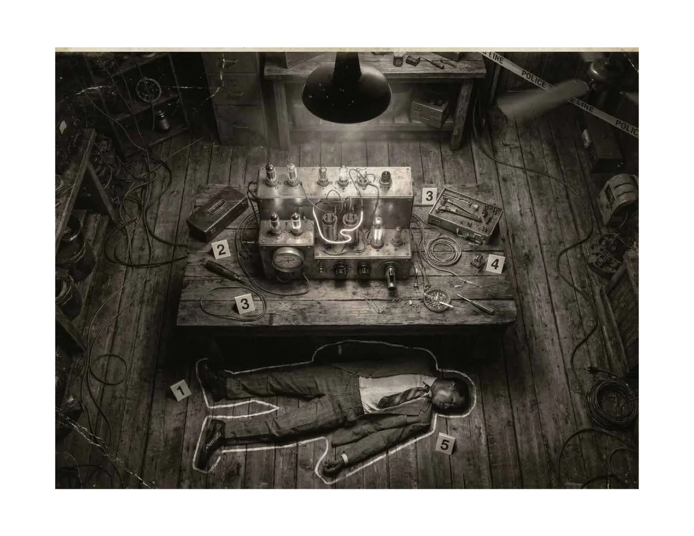 A staged crime scene photograph of a workshop interior with numbered evidence markers on the floor.