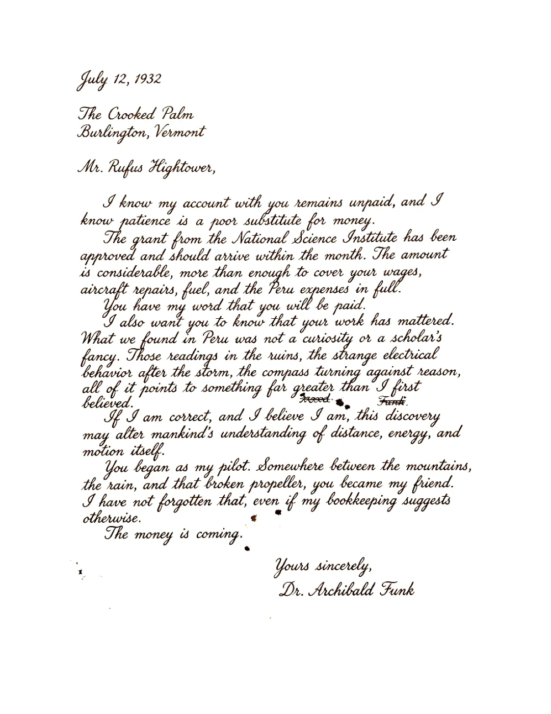 A handwritten letter dated July 1932 from Dr. Archibald Funk to Rufus Hightower.