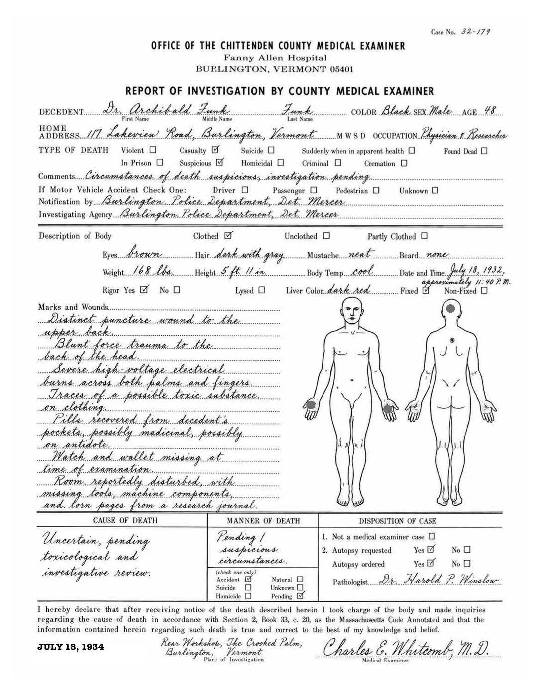 A Chittenden County medical examiner report of investigation, with anatomical diagrams and cause of death pending.
