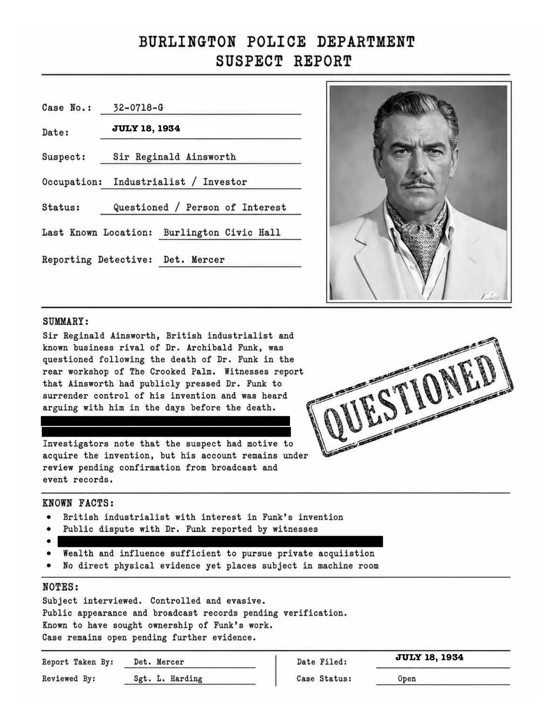 A police suspect report for Sir Reginald Ainsworth, industrialist and investor, stamped questioned.