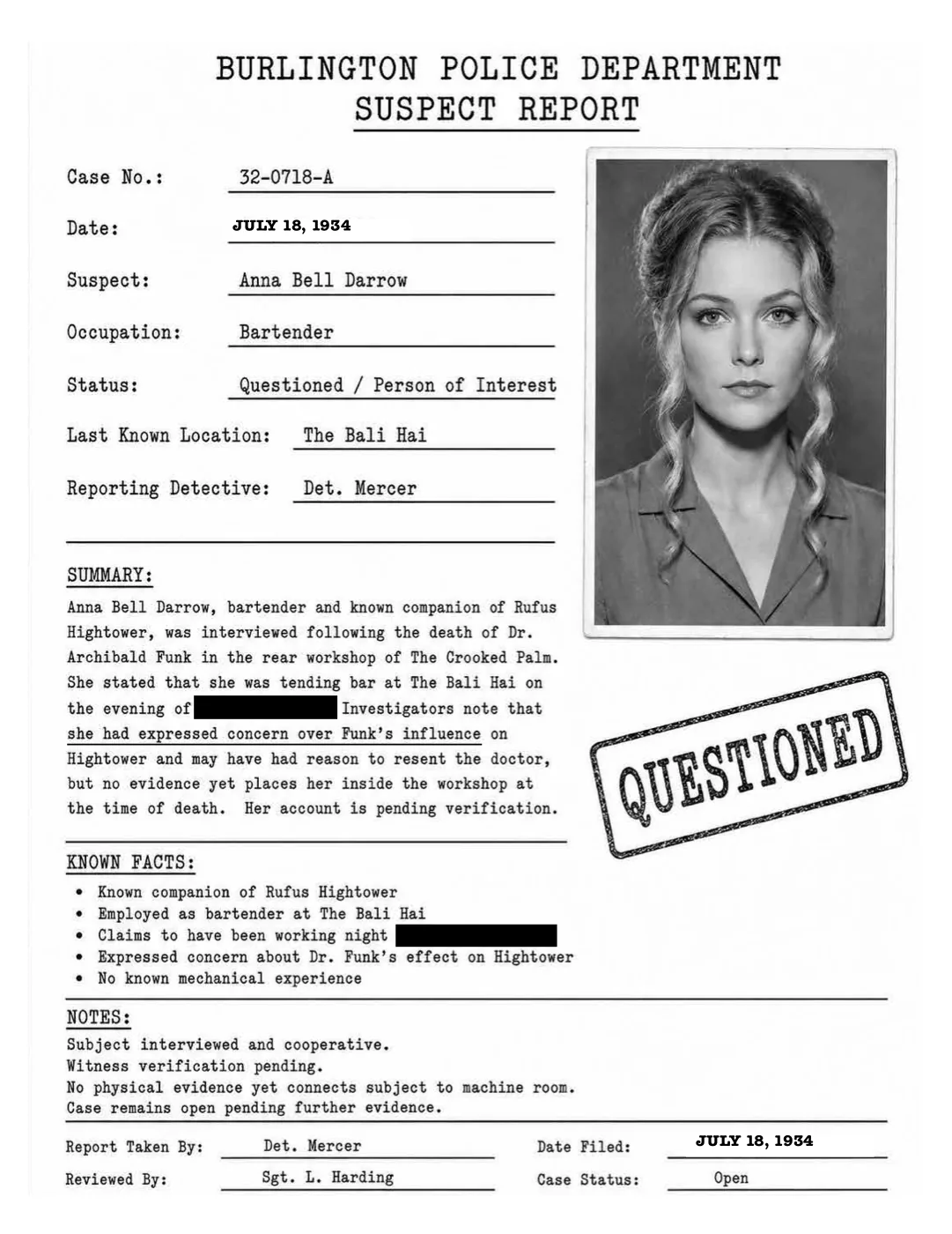 A police suspect report for Anna Bell Darrow, bartender, stamped questioned.