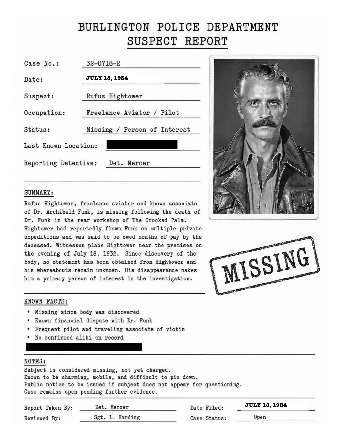 A police suspect report for Rufus Hightower, freelance aviator, stamped missing.
