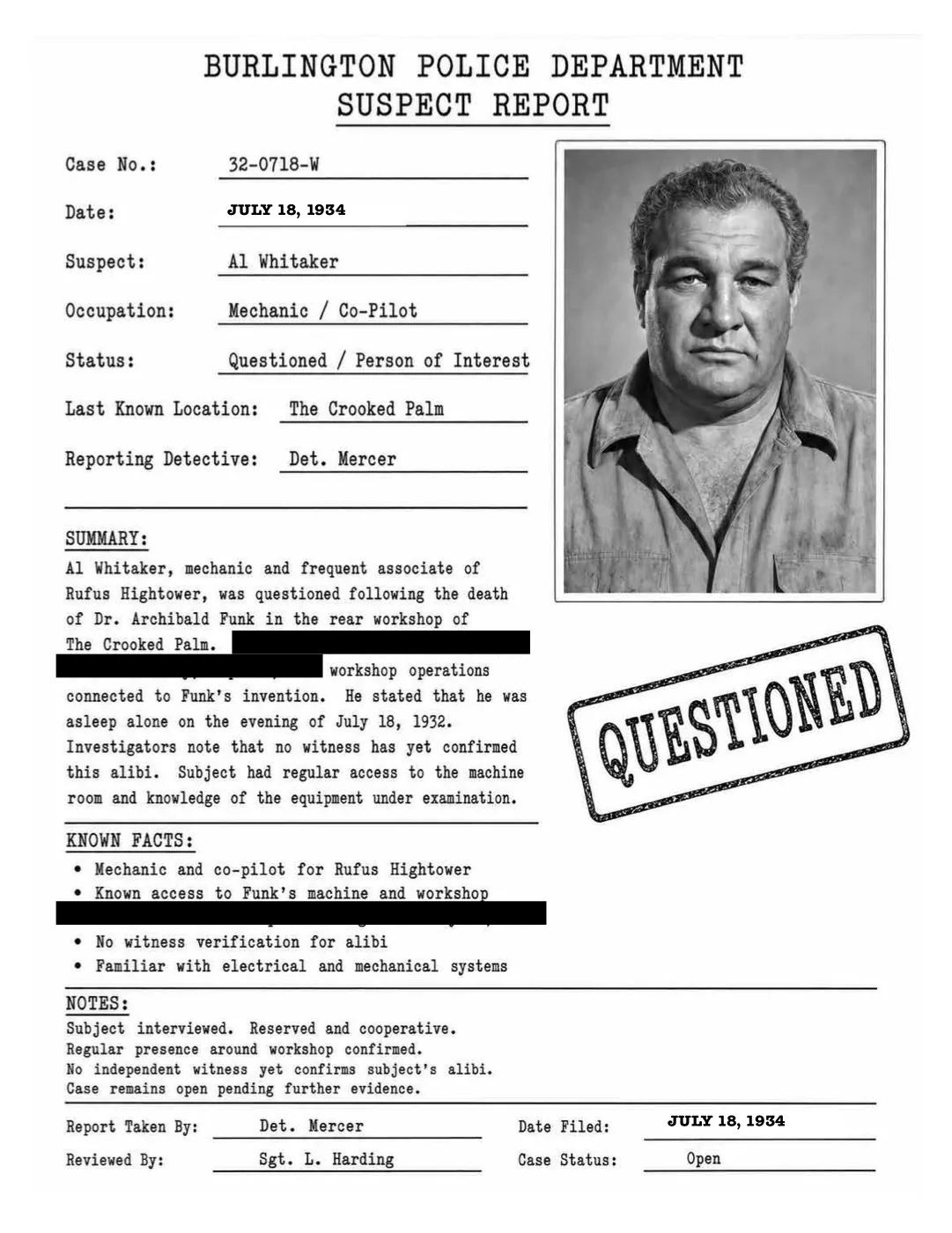 A police suspect report for Al Whitaker, mechanic and co-pilot, stamped questioned.
