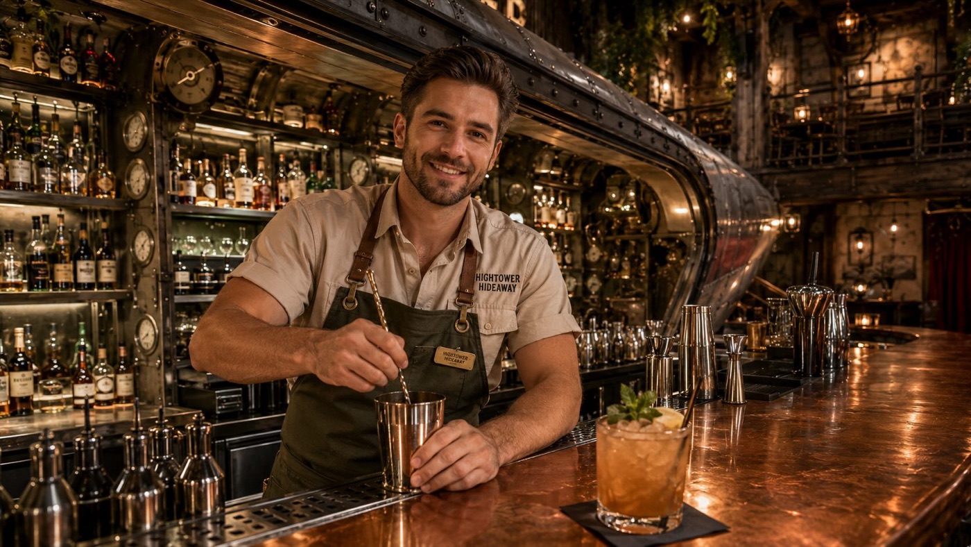 Bartender in a Hightower Hideaway apron stirring a drink at the copper bar built into the aircraft fuselage