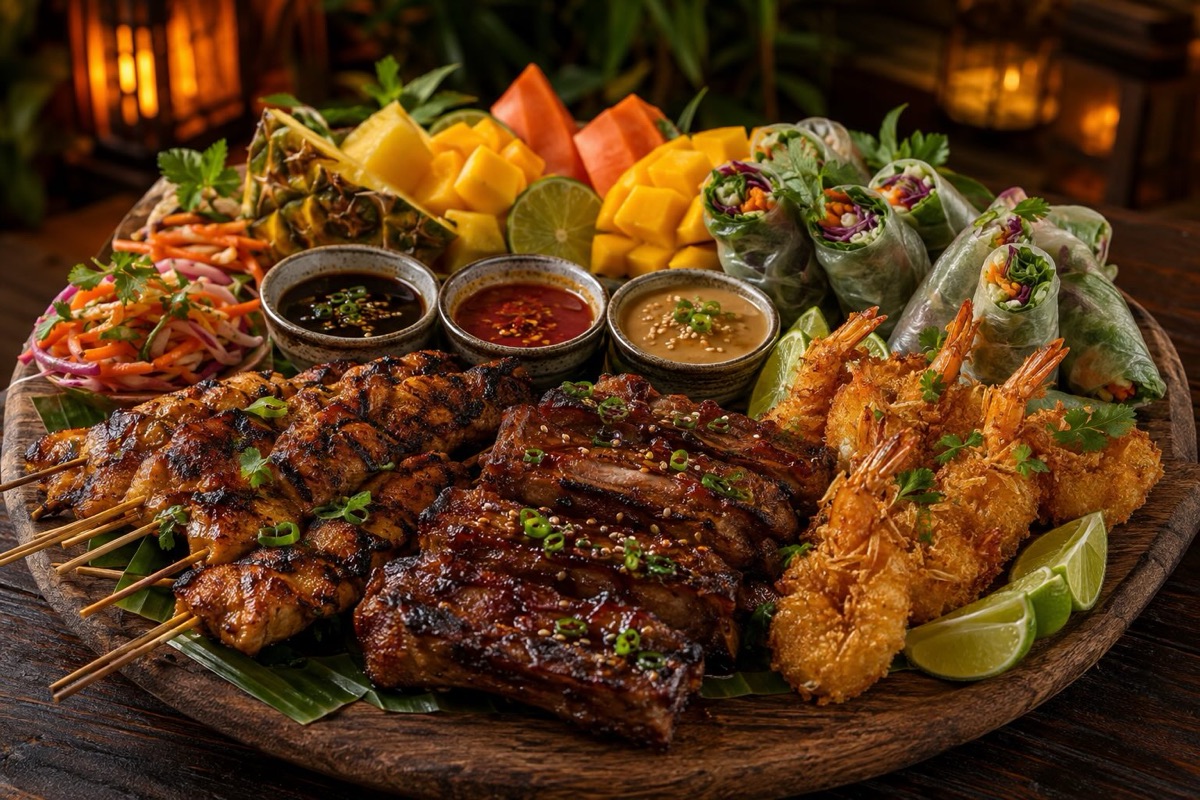 Large shared platter with grilled skewers, glazed ribs, coconut shrimp, spring rolls, tropical fruit and three dipping sauces