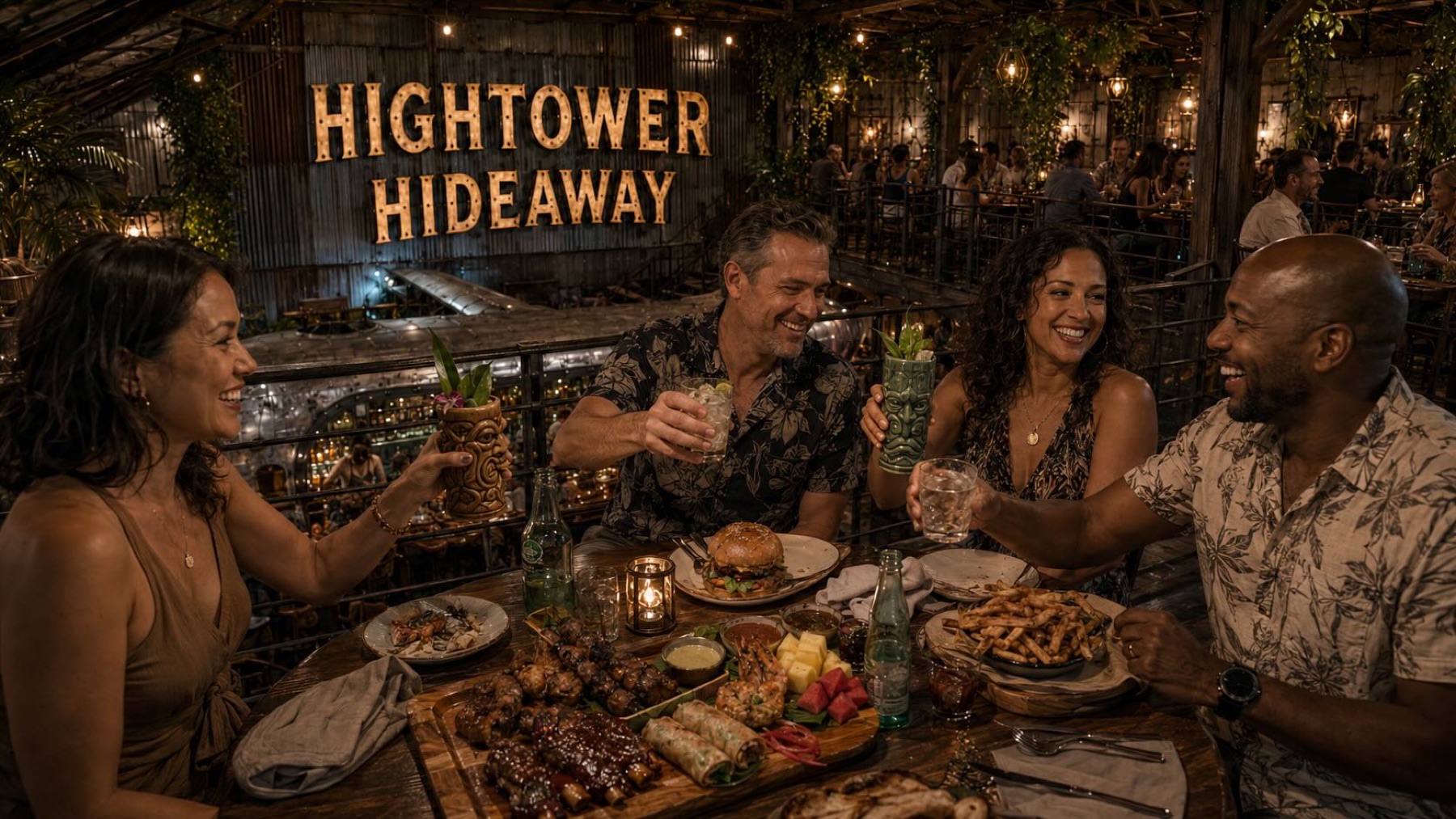 Four guests at a mezzanine table raising tiki mugs and glasses, with the illuminated Hightower Hideaway sign and the aircraft bar visible below