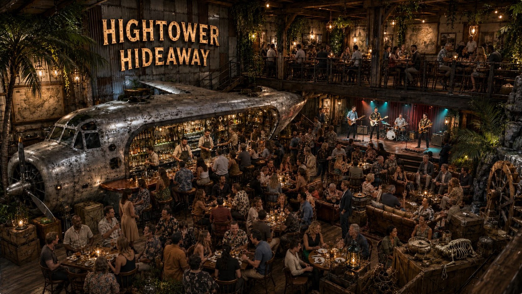 Two-story hangar interior with a 1930s expedition aircraft converted into a bar, diners at tables, and a band on a stage beneath the mezzanine