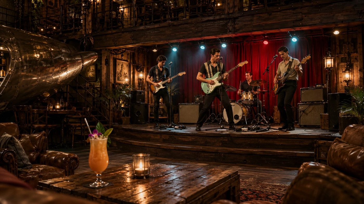 Four-piece band performing on the small stage beneath the mezzanine, with a cocktail on a crate table in the foreground