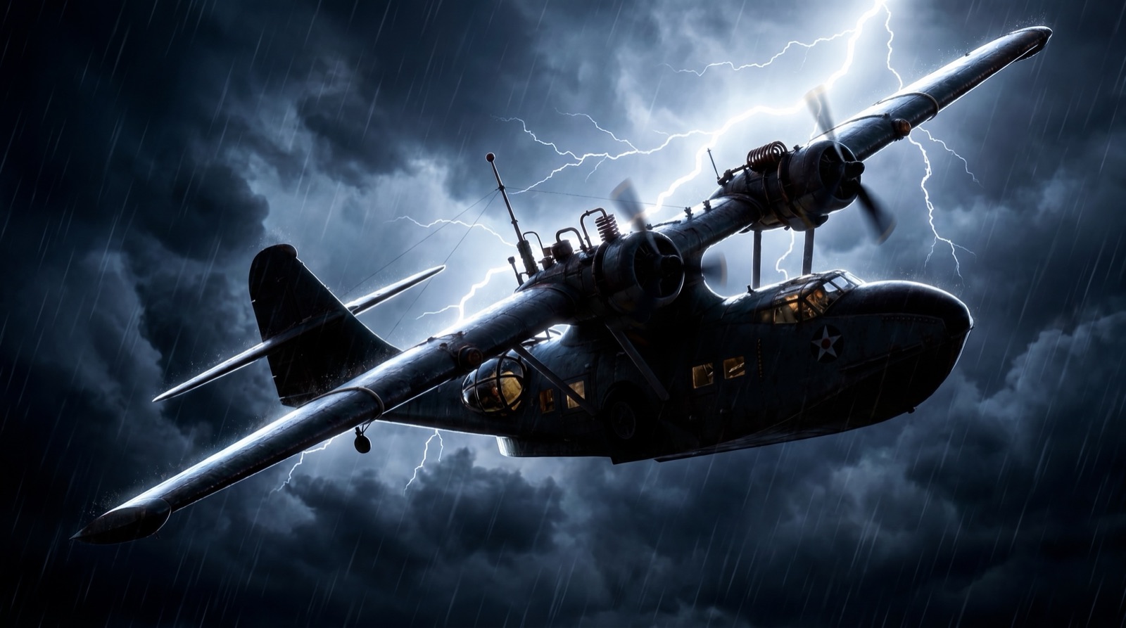 The expedition flying boat running through heavy weather