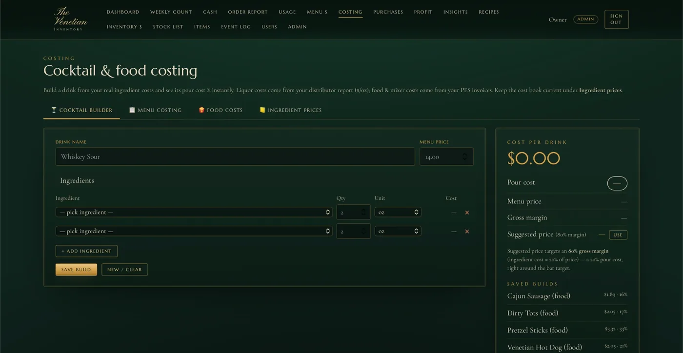 The Venetian inventory system's costing screen, showing a cocktail builder that calculates cost per drink and pour cost from real ingredient prices.