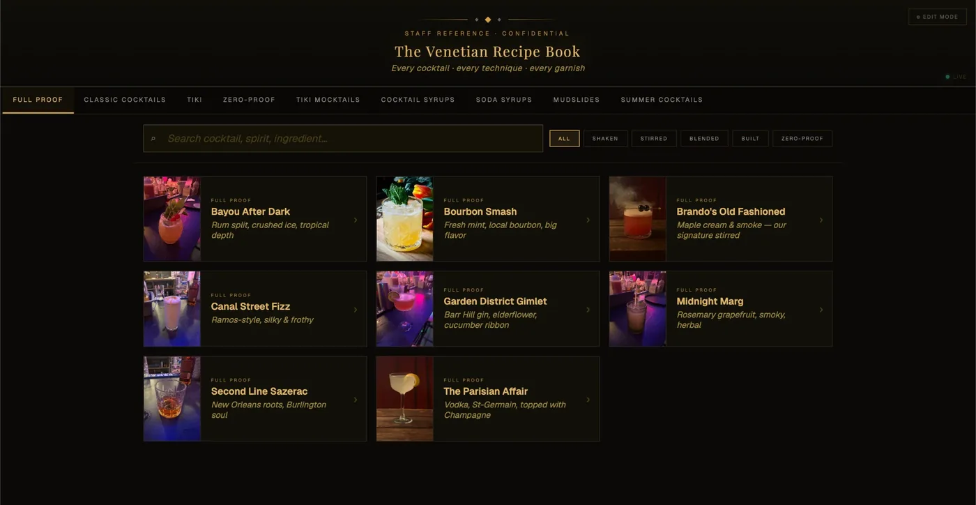 The Venetian Recipe Book, showing a searchable grid of house cocktails with photographs, category tabs and preparation-method filters.