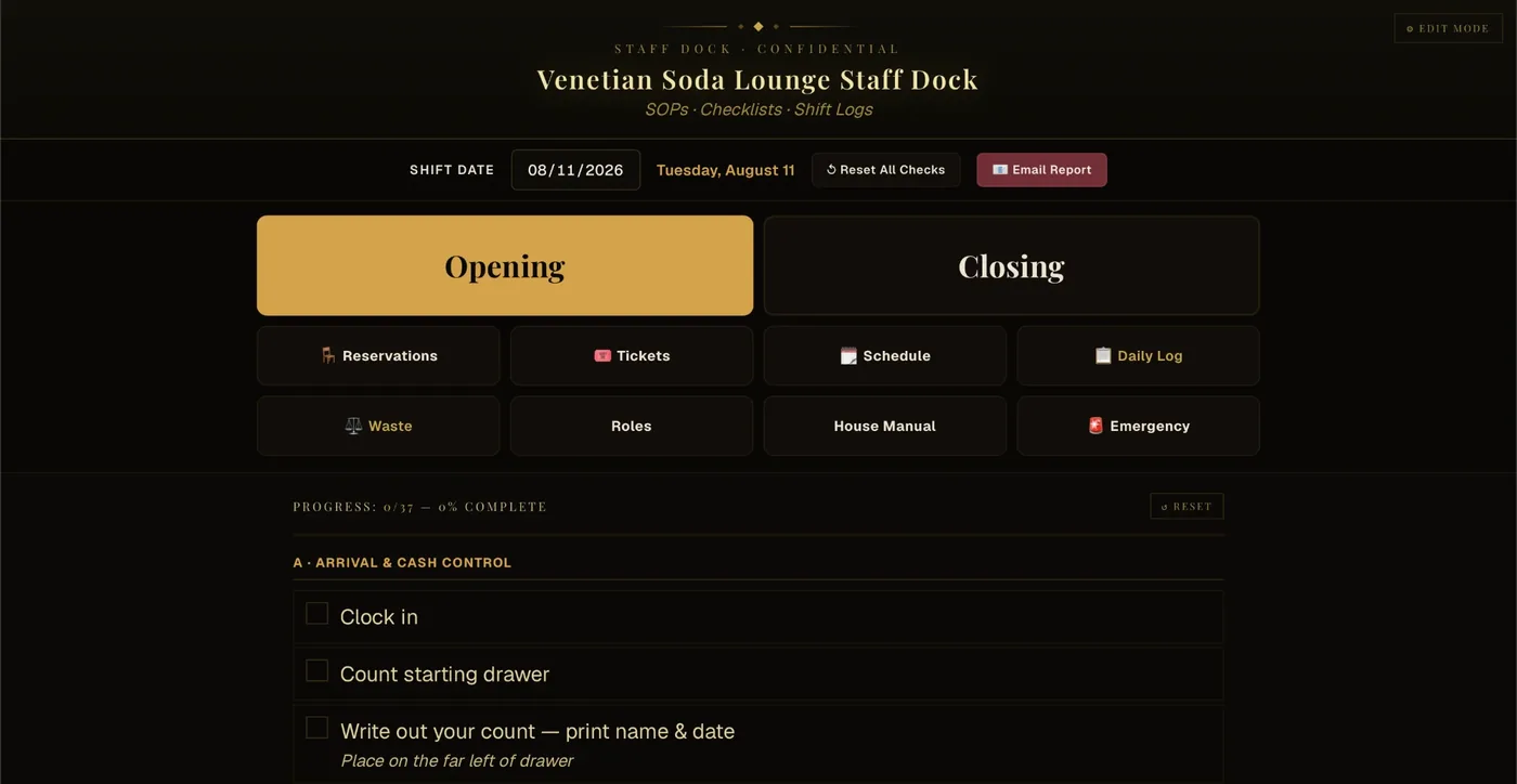The Venetian Staff Dock home screen, showing Opening and Closing checklists above tiles for reservations, tickets, schedule, daily log, waste, roles, house manual and emergency procedures.